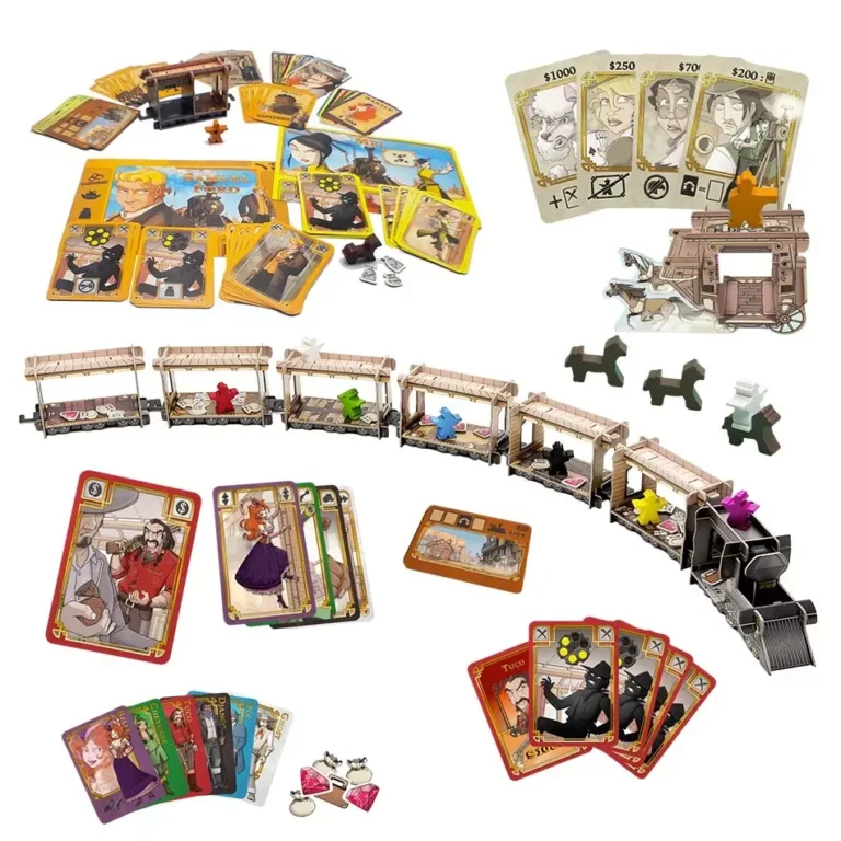 Jeu de société occidental avec cartes, train et pions colorés