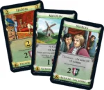 Trois cartes de jeu de société avec harem, moulin et nobles