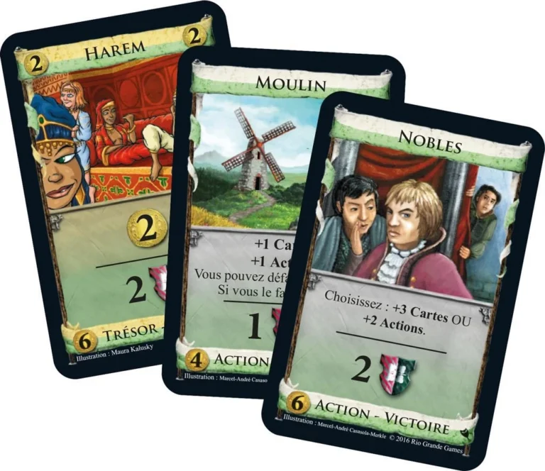 Trois cartes de jeu de société avec harem, moulin et nobles