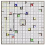 Carte de jeu avec grille, icônes colorées et trajets pointillés