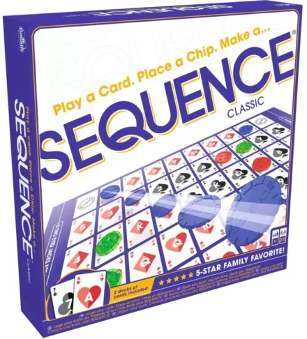 Boîte du jeu Sequence Classic avec grille et jetons colorés