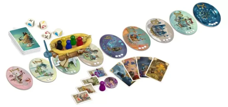 Jeu de société avec plateaux colorés, cartes et pions zodiacaux