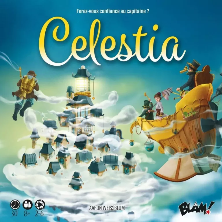 Affiche du jeu Celestia avec île flottante et aventuriers