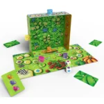 Jeu de société enfant avec boîte verte, dés et cartes colorées