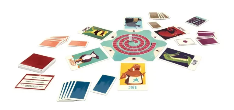 Jeu de société avec plateau roue colorée et cartes variées