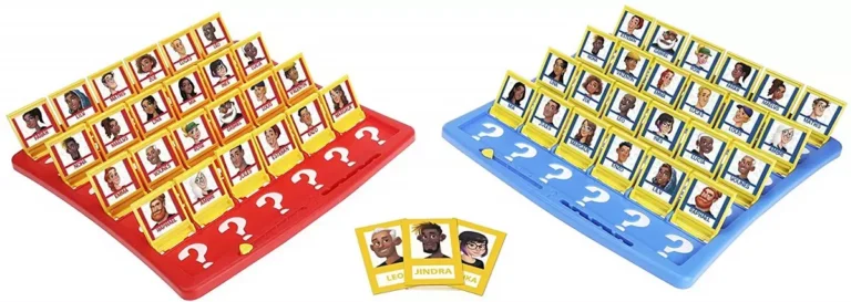 Jeu Qui est-ce avec plateaux rouge et bleu, cartes personnages