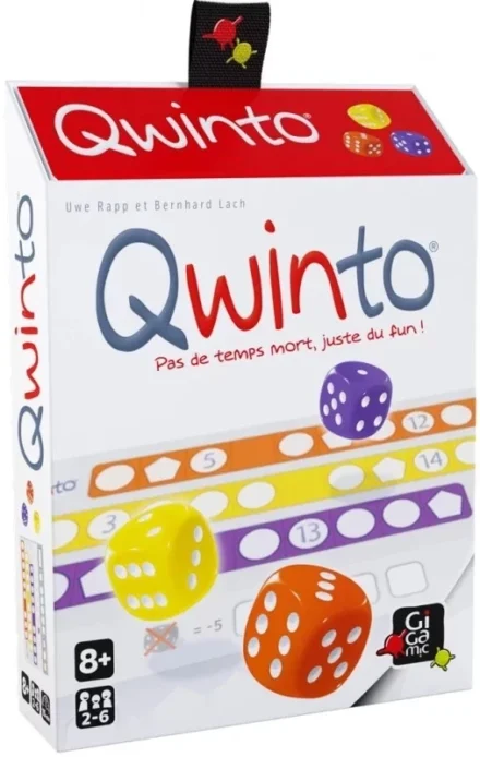 Boîte jeu Qwinto avec dés colorés et plateaux