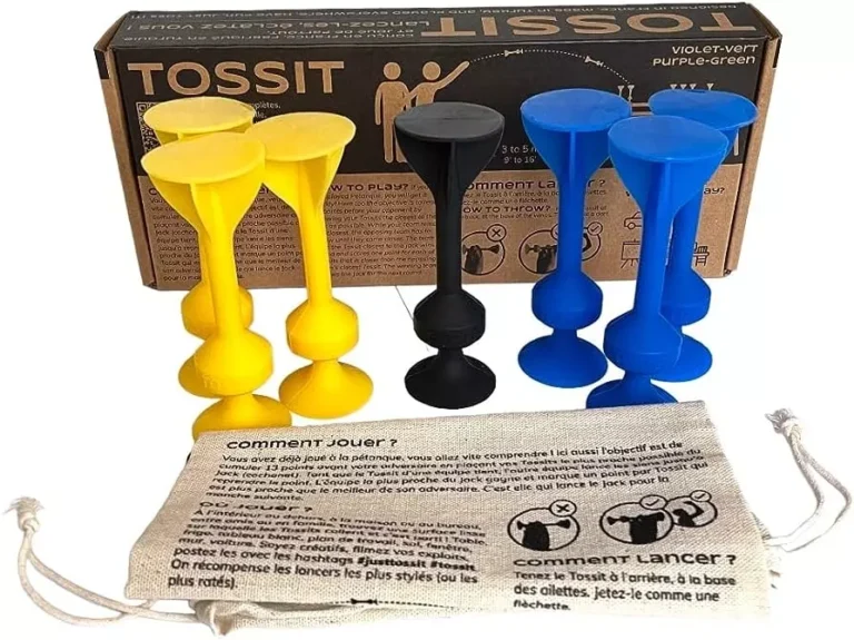 Jeu Tossit avec quilles jaunes, noires et bleues