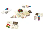 Jeu de société avec pions colorés, cartes et plateaux