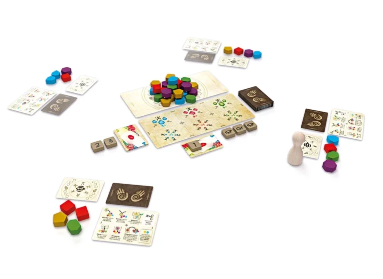 Jeu de société avec pions colorés, cartes et plateaux