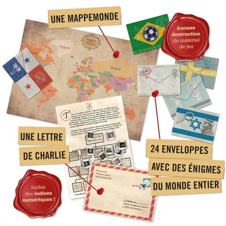 Jeu éducatif mondial avec mappemonde, lettres et énigmes