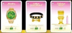 Trois cartes de luxe: montre dorée, collier animal, toilettes or