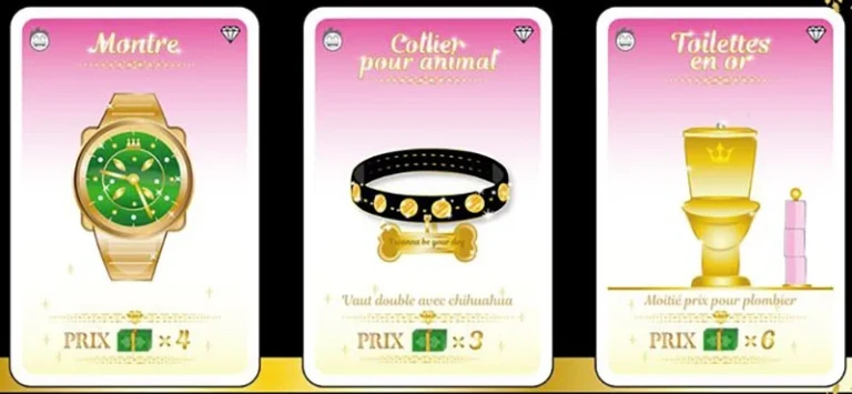 Trois cartes de luxe: montre dorée, collier animal, toilettes or