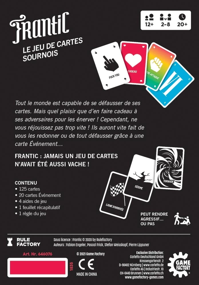Frantic jeu de cartes sournois avec événements et règles