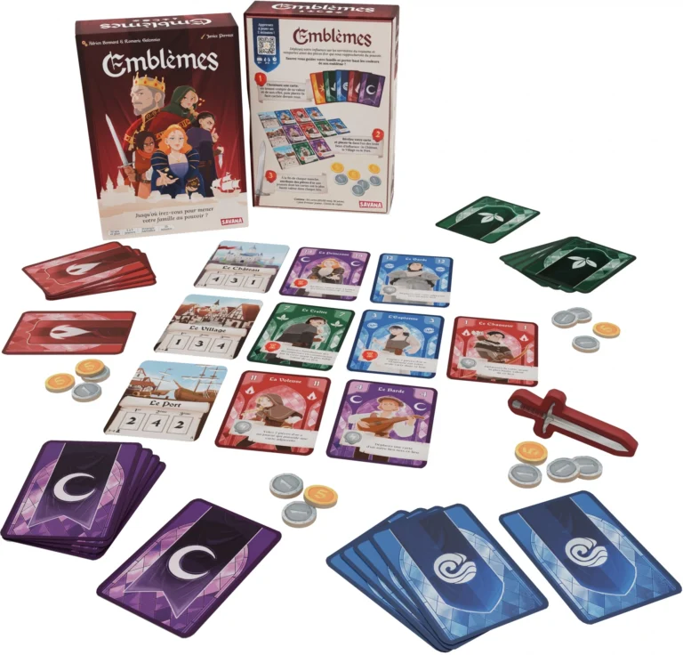 Jeu de société Emblèmes avec boîte, cartes colorées et jetons