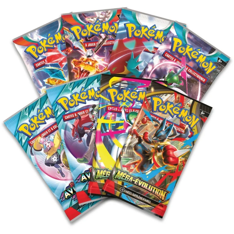Collection de boosters Pokémon avec cartes et Méga-Évolution
