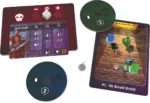 Composants jeu de plateau : carte personnage, plateau de jeu, jetons
