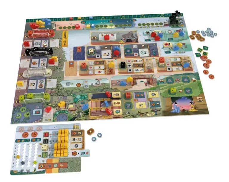 Jeu de société complet avec plateau, pions et jetons colorés