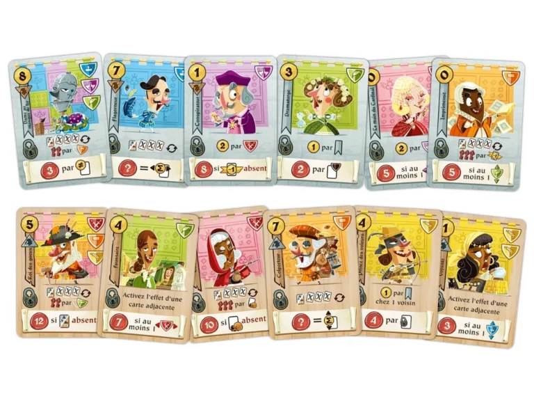 Cartes jeu de société avec personnages colorés et règles