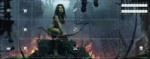 Archer fantastique vert avec arc dans ruines enflammées