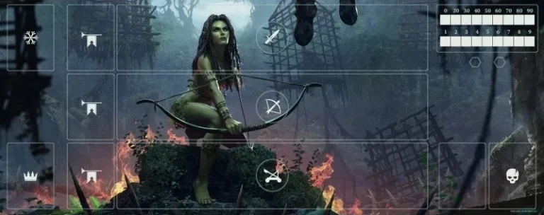 Archer fantastique vert avec arc dans ruines enflammées