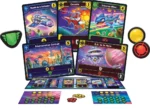Jeu de cartes futuriste avec vaisseaux spatiaux et jetons colorés