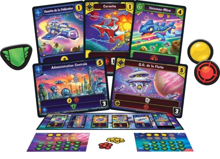 Jeu de cartes futuriste avec vaisseaux spatiaux et jetons colorés