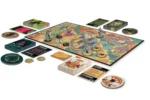 Jeu de société avec plateau coloré, pions, cartes et accessoires