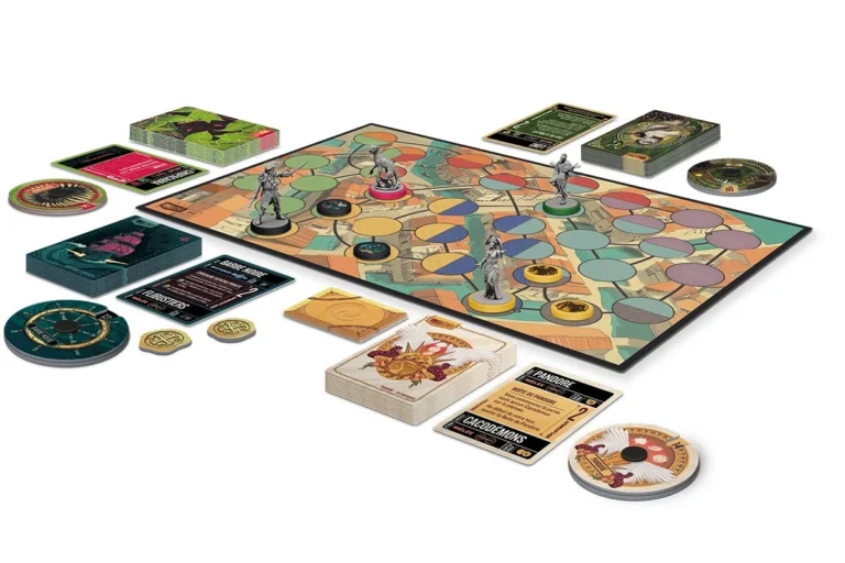 Jeu de société avec plateau coloré, pions, cartes et accessoires