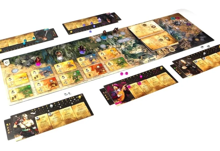 Jeu de société avec plateau, cartes dorées et pions colorés