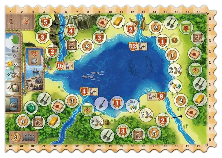 Carte de jeu stratégique avec lac central et ressources numérotées