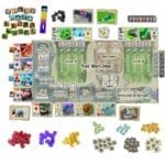 Composants jeu de plateau fantasy avec plateau, cartes, dés colorés
