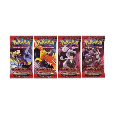 Quatre boosters Pokémon Rivalités Destinées alignés