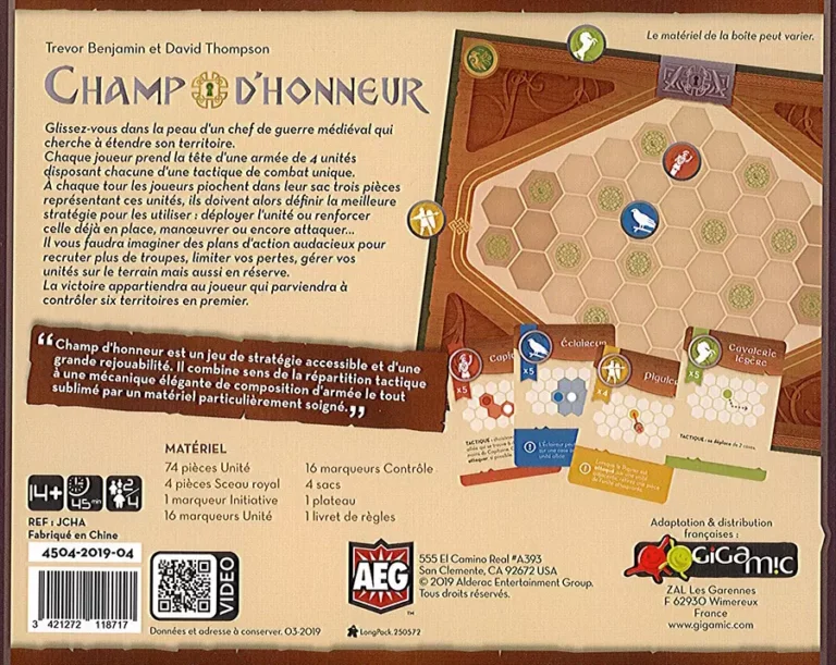 Boîte jeu Champ d'honneur stratégie médiévale plateau armées