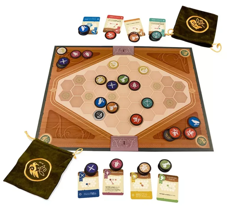 Jeu de plateau stratégique avec jetons colorés et cartes