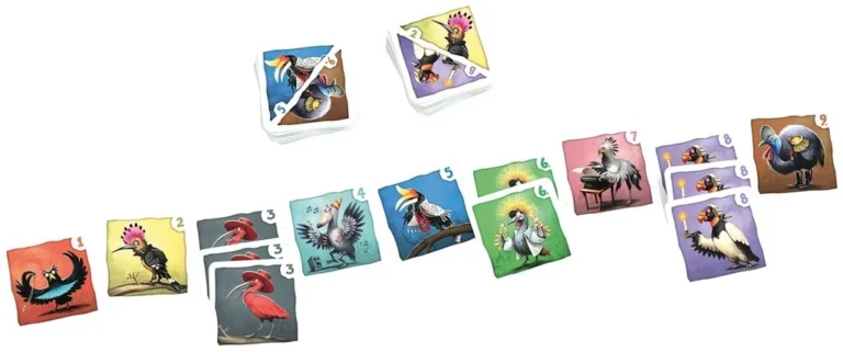 Cartes colorées représentant différents oiseaux numérotés.