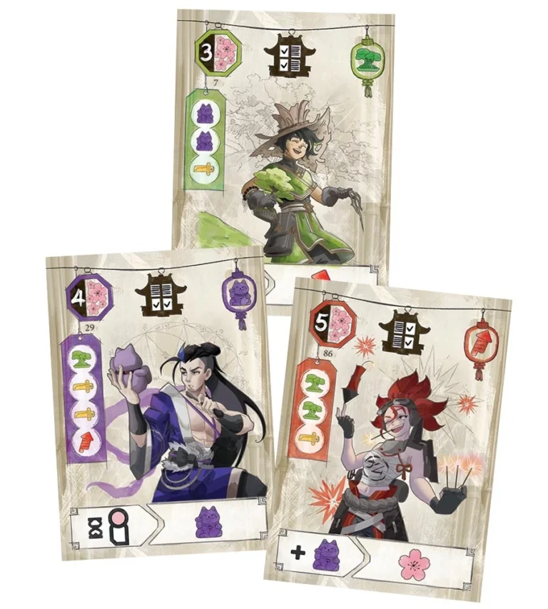 Cartes de personnages illustrées d’un jeu de société.
