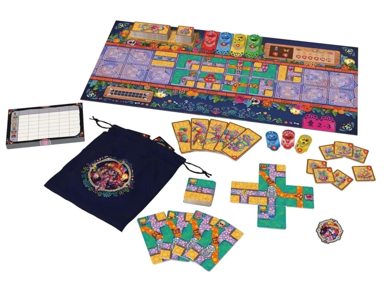 Jeu de société coloré avec plateau et cartes illustrées