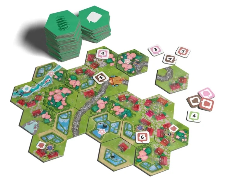 Plateau de jeu de société avec tuiles hexagonales.