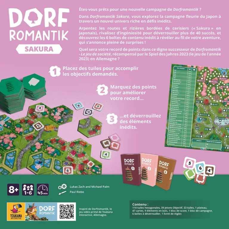 Jeu de société Dorfromantik Sakura avec tuiles hexagonales.