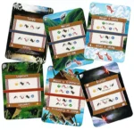 Cartes de jeu illustrées avec ressources et bâtiments.