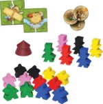 Jeu de plateau avec pions colorés et cartes de jeu