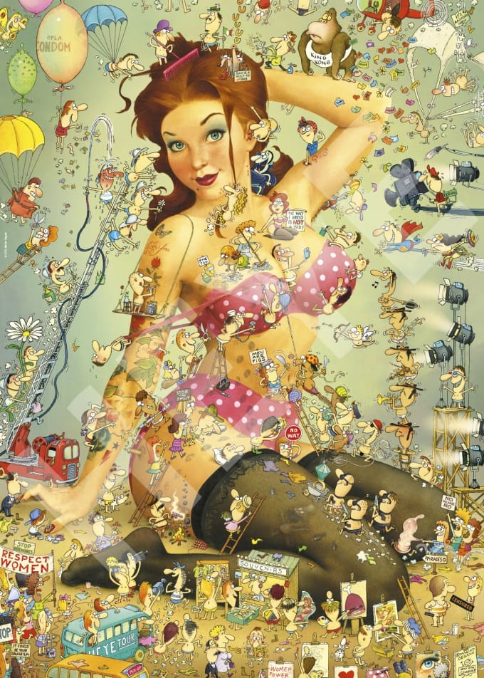 Femme rétro entourée de personnages et objets vintage colorés