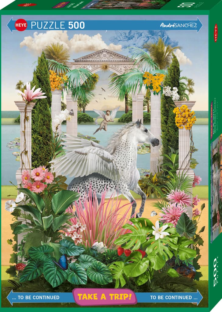 Puzzle 500 pièces temple classique cheval ailé fleurs tropicales