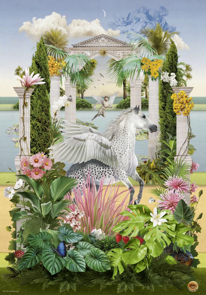 Cheval ailé mythique blanc dans jardin classique luxuriant