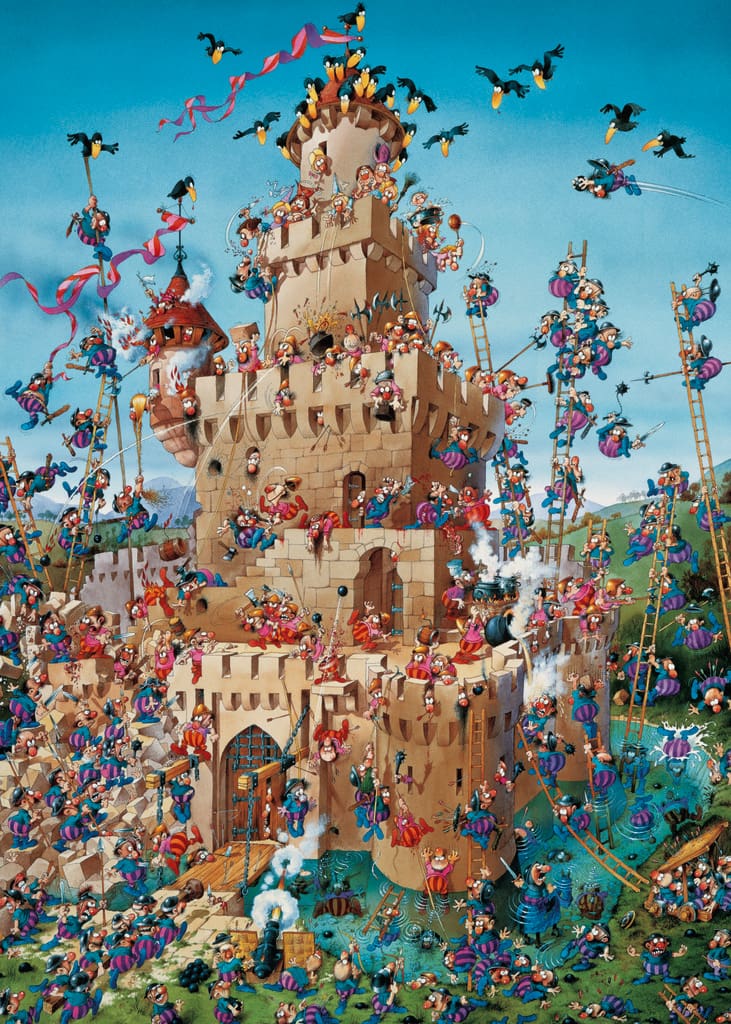 Tour médiévale remplie de centaines de personnages colorés