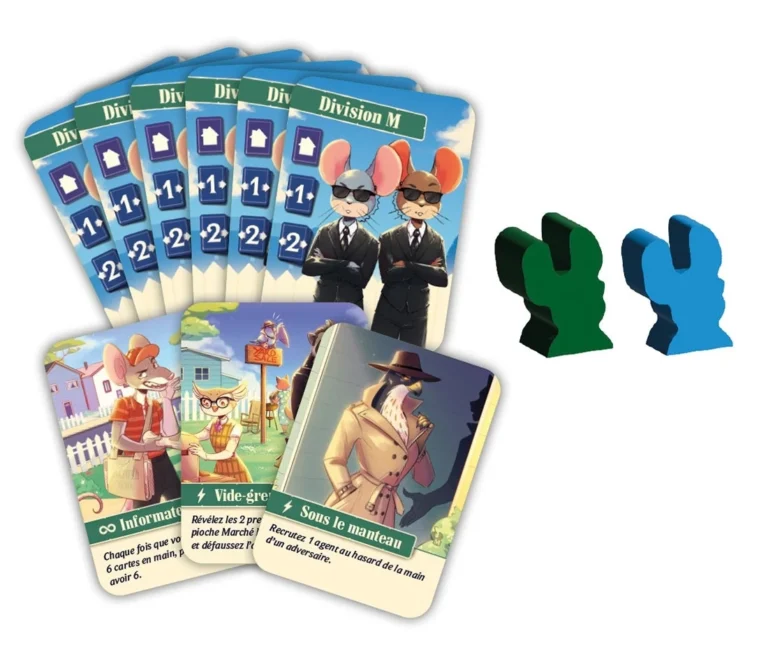 Jeu de cartes Division M avec jetons verts et bleus