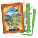 Livre d'autocollants avec illustrations alpines colorées et paysages ruraux