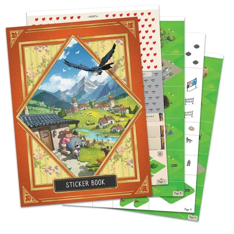 Livre d'autocollants avec illustrations alpines colorées et paysages ruraux