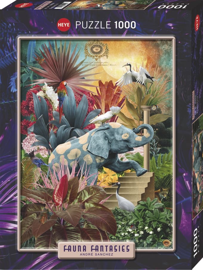 Puzzle 1000 pièces Fauna Fantasies avec éléphant et fleurs exotiques